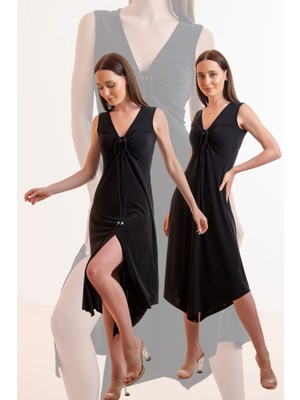 Özel Yaka Tasarım Yırtmaçlı Asimetrik Kesim Elbise 42 - Siyah