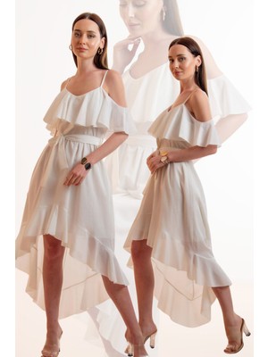 Volan Detaylar ile Tasarlanan Askılı Asimetrik Vual Elbise 38 - Ecru