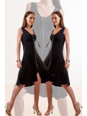 V Yaka Yaka Bağcıklı Kloş Kesim Elbise 40 - Siyah