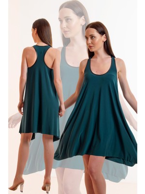 U Yaka Yüzücü Sırt Detay Elbise 48 - Zümrüt Yeşili