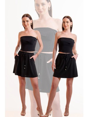 Beli Lastikli Bağcıklı Cepli Etek 36 - Siyah