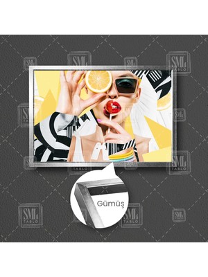 Lolipop Yiyen Sarı Portakal Gözlü Kadın Modern Çerçeve Yatay Kanvas Tablo