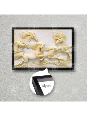 SML Tablo 3D Mermer Efektli Koşan Sarı Atlar Kabartma Alçı Çerçeveli Yatay Kanvas Tablo