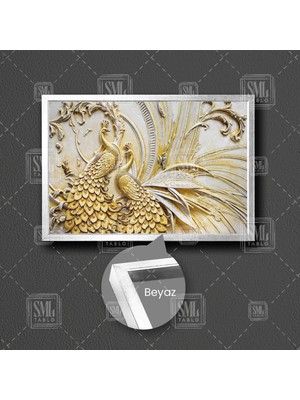 SML Tablo 3D Kabartma Efektli Mermer Tavus Kuşu Çifti Modern Dekoratif Çerçeveli Yatay Kanvas Tablo