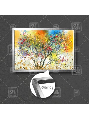 SML Tablo Sanatsal Ağaç Modern Dekorasyon Yağlı Boya Efektli Çerçeveli Yatay Kanvas Tablo