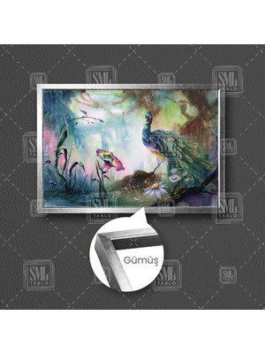 SML Tablo Tavus Kuşu Göl Çiçek Manzara Papatya Orman Hayvan Çerçeveli Yatay Kanvas Tablo