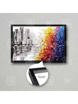 SML Tablo Yağlı Boya Efektli Soyut Şehir Manzarası Ağaçlar Doğa Çerçeveli Yatay Kanvas Tablo