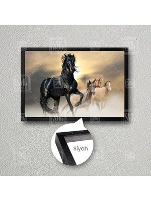 SML Tablo Koşan Atlar Siyah At  Asalet Manzara Hayvan Çerçeveli Yatay Kanvas Tablo