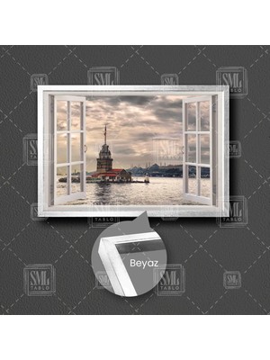 SML Tablo Pencereden Kız Kulesi Manzarası Istanbul Türkiye Doğa Deniz Çerçeveli Yatay Kanvas Tablo