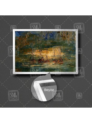 SML Tablo Kıyıya Vurmuş Gemiler ve Uçan Kuşlar Yağlı Boya Efektli Dekor Çerçeveli Yatay Kanvas Tablo