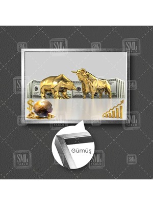 SML Tablo Altın Boğa ve Ayı Borsa Ekonomi Finans Dolar Altın Dünya Gold Lüks Dekor Çerçeveli Yatay Kanvas Tablo