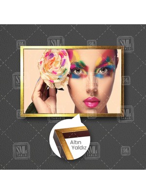 SML Tablo Beyaz Gül Tutuan Kadın Makyaj Kuaför Güzellik Salonu Dekor Çerçeveli Yatay Kanvas Tablo