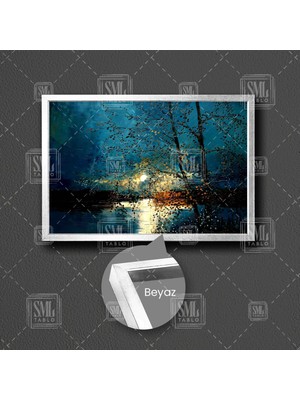 SML Tablo Ay Işığı Altındaki Göl Manzarası Yağlı Boya Efektli Yakamoz Yansıma Doğa Ağaç Çerçeveli Yatay Kanvas Tablo