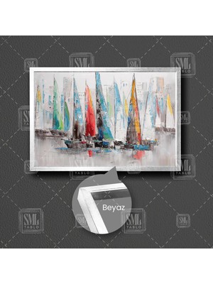 SML Tablo Sahildeki Yelkenli Gemiler Deniz Manzaralı Dekor Çerçeveli Yatay Kanvas Tablo