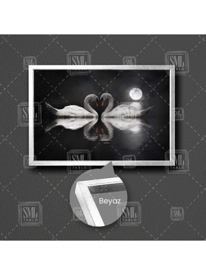 SML Tablo Kuğu Çifti  ve Kalp Ay Işığı Alında Aşk Love Zarafet Doğa Manzara Hayvan Çerçeveli Yatay Kanvas Tablo