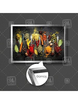 SML Tablo Metal Kaşık Üzerinde Baharatlar Mutfak Cafe Restorant Dekor Çerçeveli Yatay Kanvas Tablo