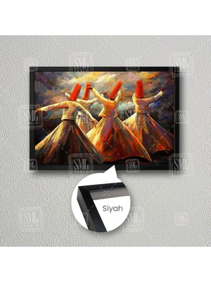 SML Tablo Semazen Gösteri Mevlana Yağlı Boya Efektli Dekor Çerçeveli Yatay Kanvas Tablo