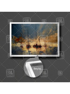 SML Tablo Denizdeki Yelkenli Gemiler Uçan Kuşlar Doğa Sahil Sanatsal Dekoratif Çerçeveli Yatay Kanvas Tablo