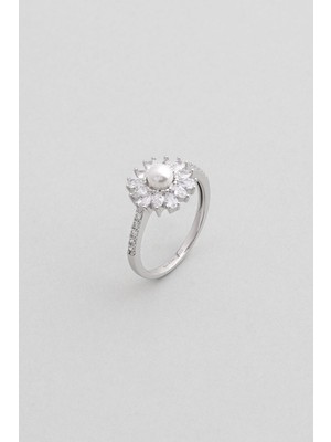 So CHIC İnci Çiçeği 18 Ayar Beyaz Altın Kaplama Gümüş Minimal Yüzük