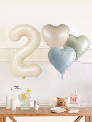 Parti Pera 2 Yaş Krem Rakam Folyo Balon Retro Kalp Folyo Balon Seti Doğum Günü Balon Seti