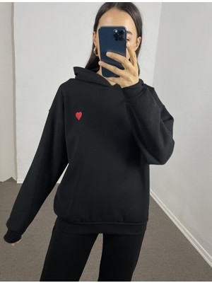 Myrum Butik Siyah Kalp Nakışlı Oversize Sweatshirt M