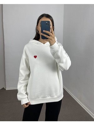 Myrum Butik Ekru Kalp Nakışlı Oversize Sweatshirt L