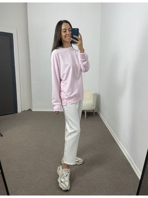 Myrum Butik Toz Pembe Yanları Yırtmaçlı Sweatshirt M