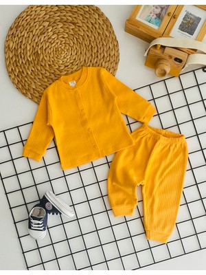 Derin Bebe Neşeli Bebekler Çizgili Kumaş Önden Çıtçıtlı Pijama Takımı Sarı