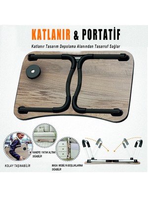 Microcase Portatif Atlantik Çam Tablet ve Bardak Tutuculu Laptop Sehpası Katlanabilir Çalışma Masası Kahvaltı Masası AL4231 Siyah