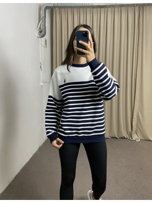 Myrum Butik Ekru Lacivert Çizgili Rl Sweatshirt L