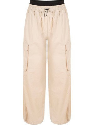 Rivus Beli Lastikli ve Büzgü Detaylı Kargo Pantolon - Bej