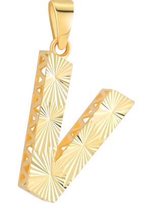 Moom Mücevherat 14 Ayar Altın V Harfi Kolye Ucu Parlak Kalemli Işıltılı Zincir Dahil Değildir