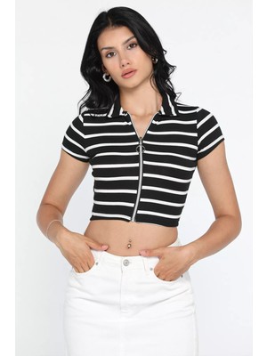 Julude Siyah Ön Fermuarlı Polo Yaka Kadın Çizgi Desenli Liraklı Bluz P-00011660