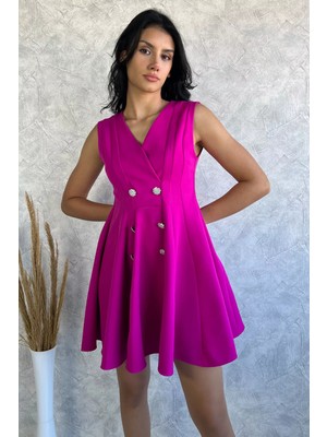 Julude Fuşya Kruvaze Yaka Taşlı Düğmeli Içi Kendinden Astarlı Abiye Elbise P-00010798