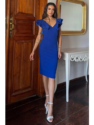 Julude Saksmavisi Sırt Çapraz Fırfırlı Abiye Elbise P-00011707