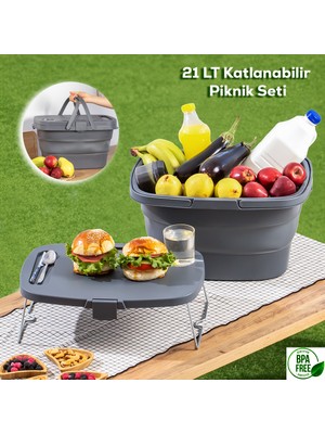 Porsima 07-1304 Katlanır Piknik Sepeti - Silikonlu Katlanabilir Saklama Kabı- 21 L