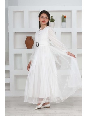 Asortix Kız Çocuk Astarlı Beyaz Uzun Tesettür Abiye ELBISE-ABY-0037