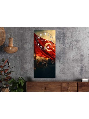 Marpanya Türk Bayrağı Dikey Üstten Saatli Vatan Temalı 50X110 cm Cam Tablo DSUV0045