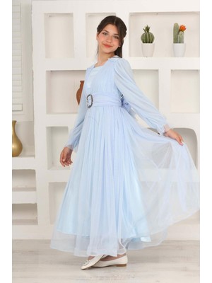 Asortix Kız Çocuk Astarlı Bebe Mavi Uzun Tesettür Abiye ELBISE-ABY-0037