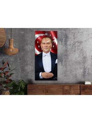 Marpanya Mustafa Kemal Atatürk ve Türk Bayrağı Saatli Vatan Temalı 50X110 cm Cam Tablo DSUV0017