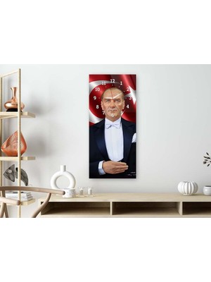 Marpanya Mustafa Kemal Atatürk ve Türk Bayrağı Saatli Vatan Temalı 50X110 cm Cam Tablo DSUV0017