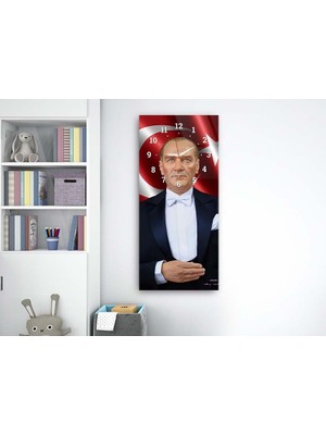 Marpanya Mustafa Kemal Atatürk ve Türk Bayrağı Saatli Vatan Temalı 50X110 cm Cam Tablo DSUV0017