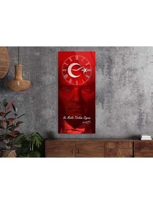 Marpanya Atatürk, Türk Bayrağı ve Ne Mutlu Türküm yazılı Saatli Vatan Temalı 50X110 cm Cam Tablo DSUV0027