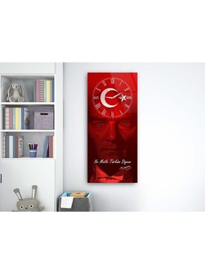 Marpanya Atatürk, Türk Bayrağı ve Ne Mutlu Türküm yazılı Saatli Vatan Temalı 50X110 cm Cam Tablo DSUV0027