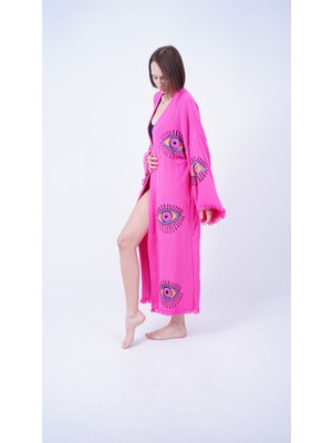 Bodho El Yapımı Pembe Göz Baskılı Nazar Kaftan Kimono