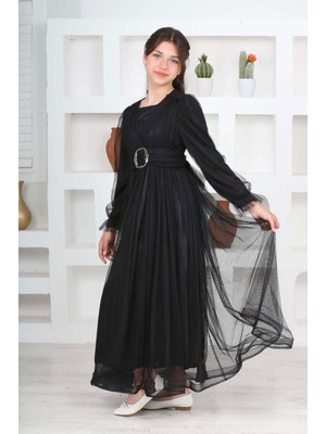 Asortix Kız Çocuk Uzun Astarlı Siyah Tesettür Abiye ELBISE-ABY-0037
