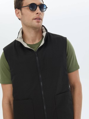 Kip Siyah Regular Fit Gizli Kapüşon Casual Dokuma Çift Taraflı Spor Yelek
