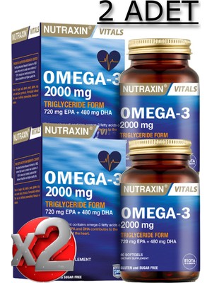 Nutraxin Omega 3 2000 Mg 60 Soft Jel 2 Adet EPA 720 Mg DHA 480 Mg Aromasız Türkiye Menşeli