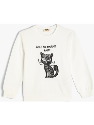 Koton Sweatshirt Kedi Baskılı Bisiklet Yaka Uzun Kollu Pamuklu