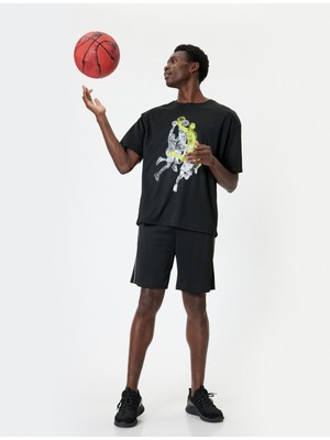 Koton Spor Tişört Oversize Baskılı Kısa Kollu Bisiklet Yaka